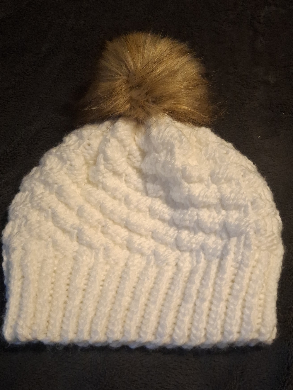 Hand-knit White Checkerboard Knit Winter Hat With Large Faux Fur Pompom - Picture 5 of 6
